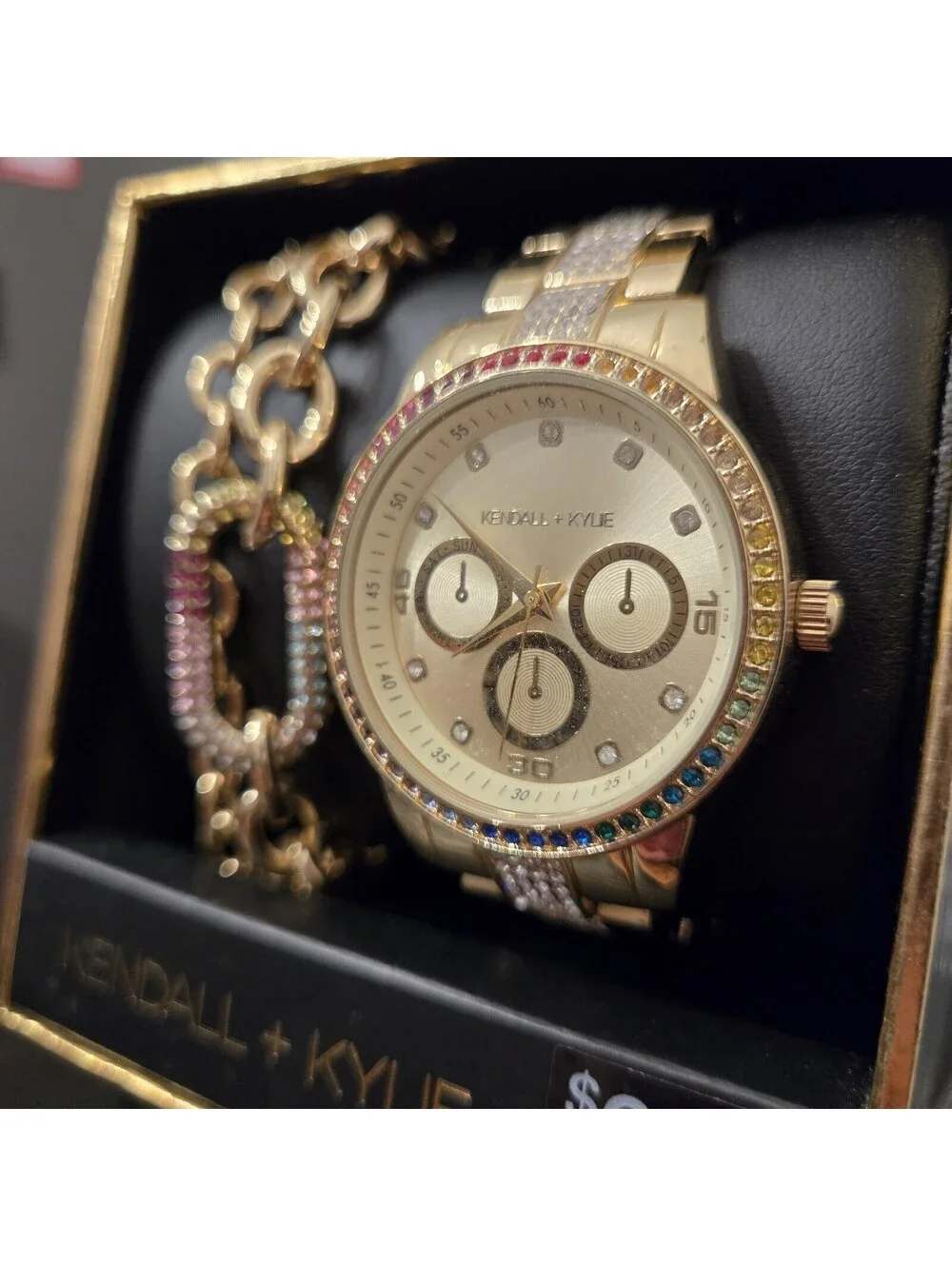 Kendall Kylie Gold Tone Rainbow Rhinestone Watch Bracelet Set Womens New In Box